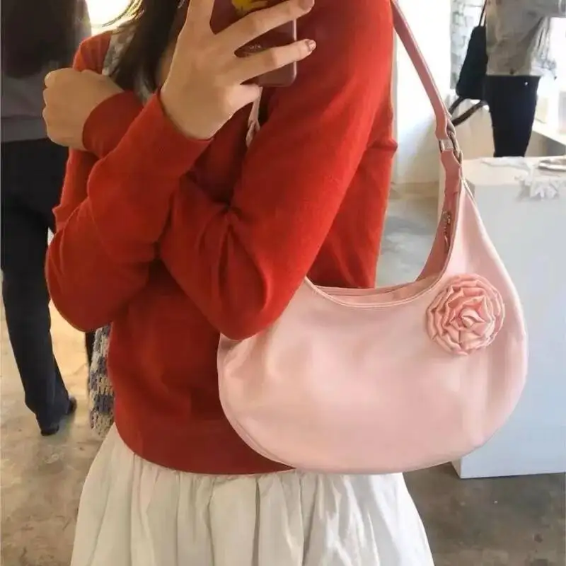 Bloom Fairy Core Y2k Women Hot Girls Silk Rose Blossoms Half Moon Shoulder Bags Handbag Female Blue Underarm Bag Purse