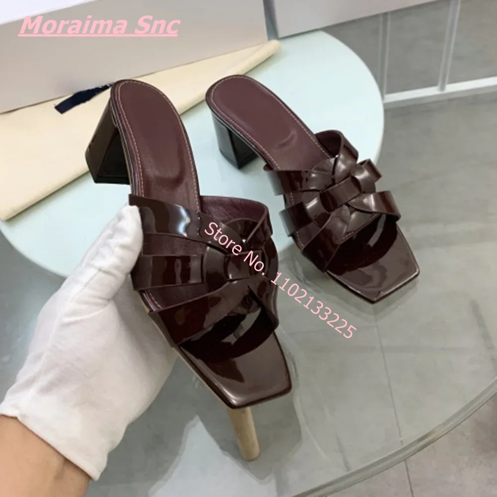 2024 Summer Women New Weaven Slippers Sexy Design Elegant Square Toe Block Chunky Heel Outdoor Concise Brown Solid Ladies Shoes