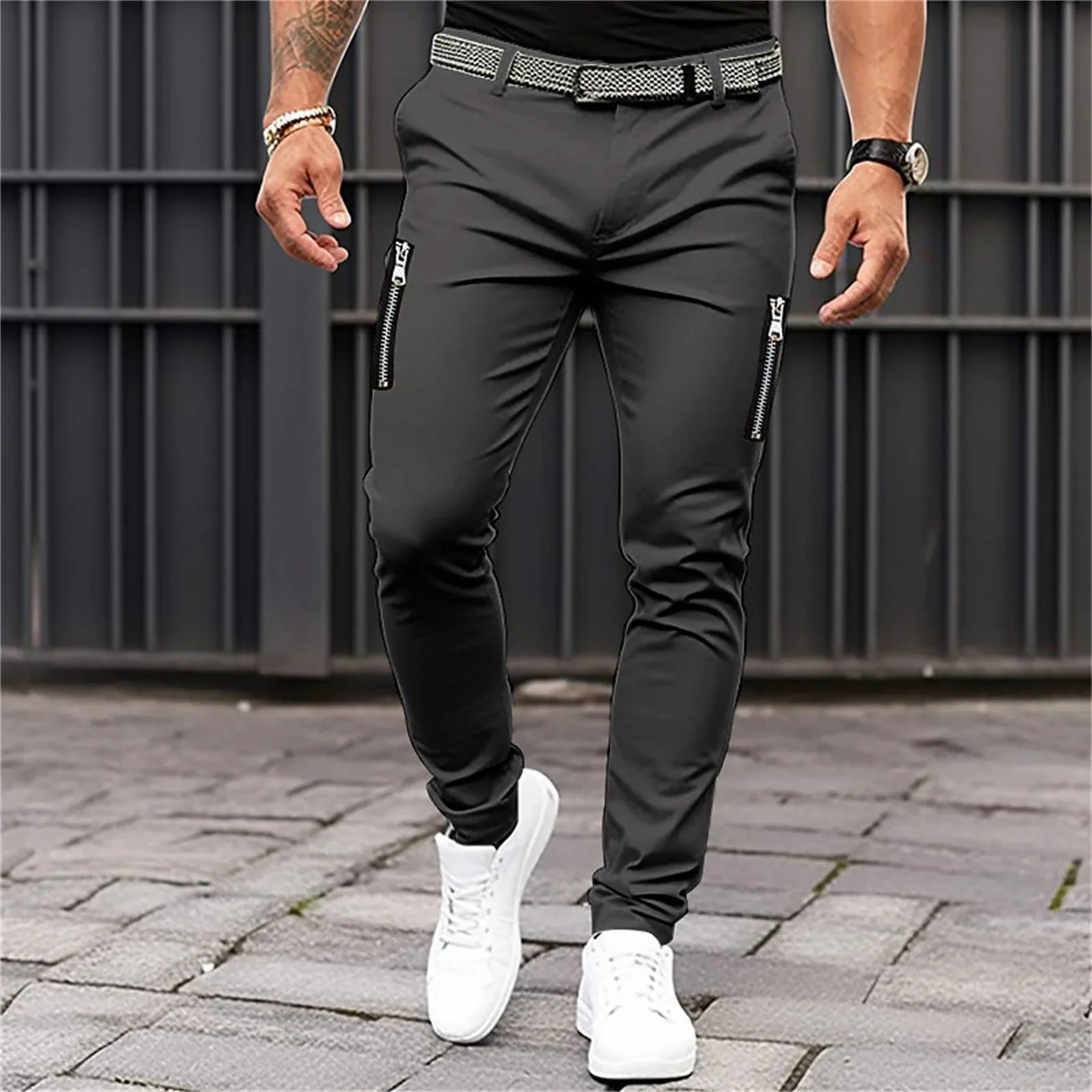 Men'S Solid Color Tight Casual Pants Pure Cotton Zipper Pockets Four Seasons Belt Leggings House Bedroom