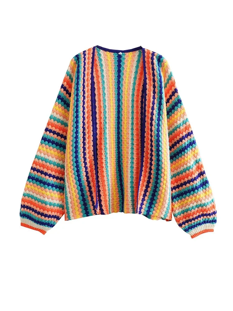 2024 Autumn Women Ethnic Crochet Top Coat Multicolored Striped Knit Loose Lantern Sleeve Sweater Cardigan Beach Cover-ups A2893