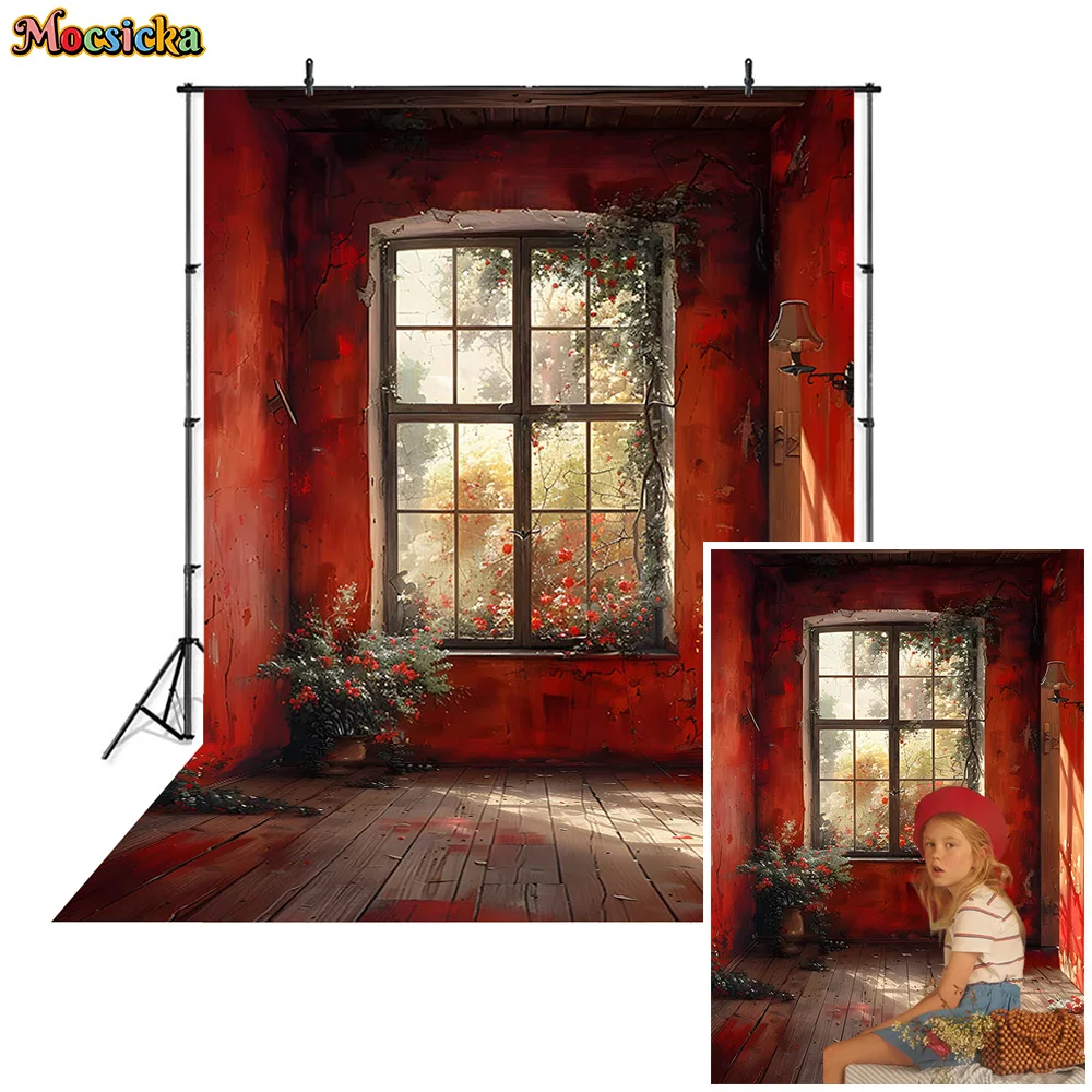 

Mocsicka Studio Photography Background Red Grunge Room Window Backdrop Decor Broken Wall Adult Kid Art Portrait Indoor Booth