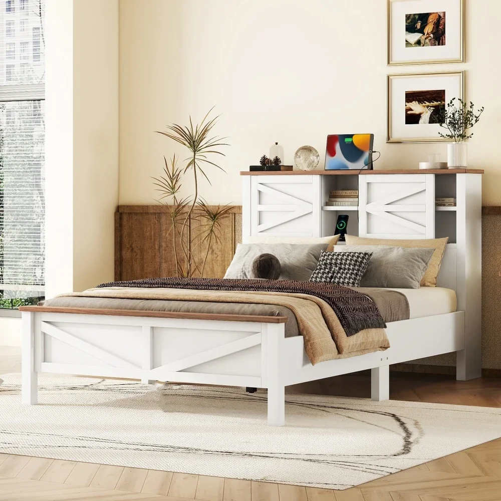 Farmhouse Platform Bed with Double Sliding Barn Door, Full Size Rustic Wood Bed with Charging Station, Wood Slats Support