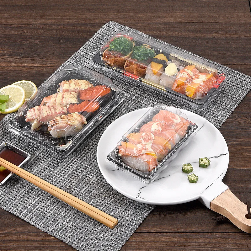 Recipiente rectangular de plástico para microondas, recipiente de impresión desechable de pp, artículo personalizado para llevar, ideal para restaurante, sushi, tra