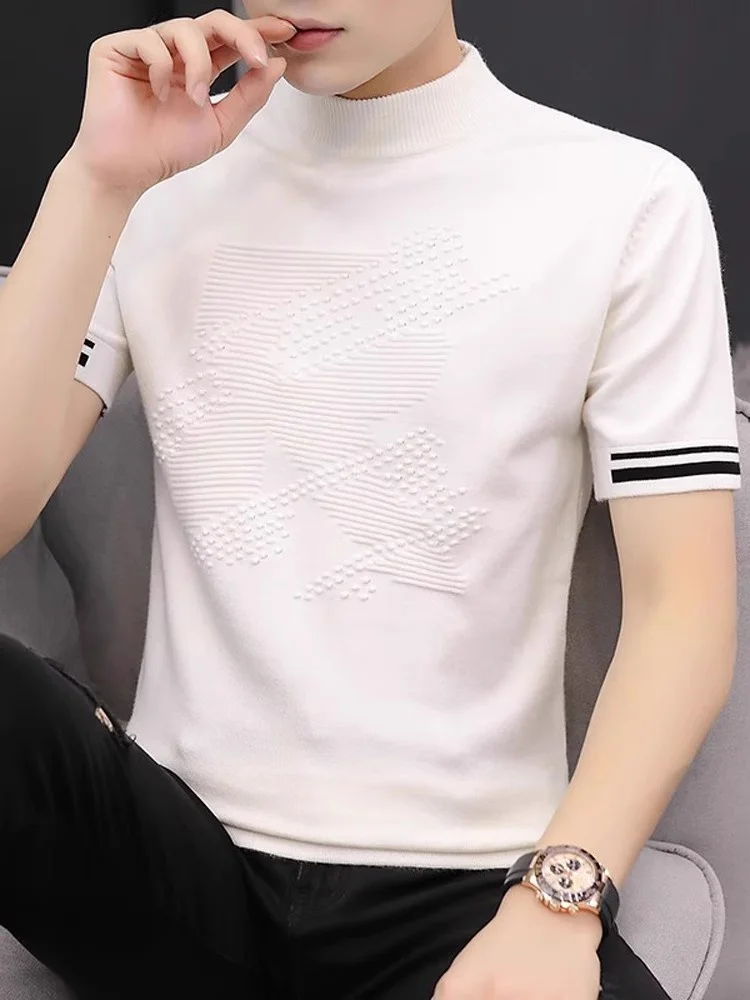 

Летний мужской вязаный свитер с высоким воротником, тонкая футболка-базовый слой для молодежи, с круглым вырезом