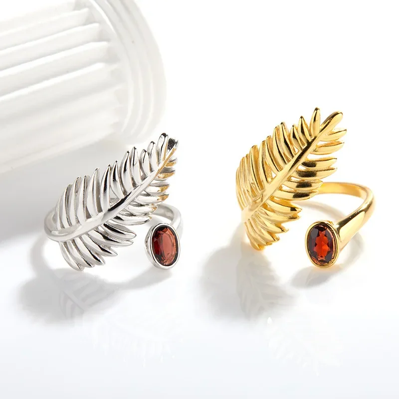 Original personalized feather garnet diopside open ring S925 silver natural color treasure adjustable women's ring wholesale