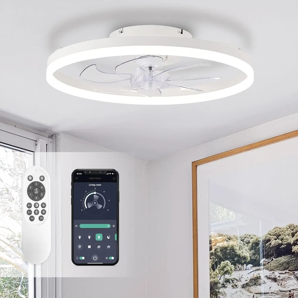 HAOYUNMA Ceiling Fans with Lights,20 Low Profile Ceiling Fan with Remote Control, Modern Flush Mount Ceiling Fan,White