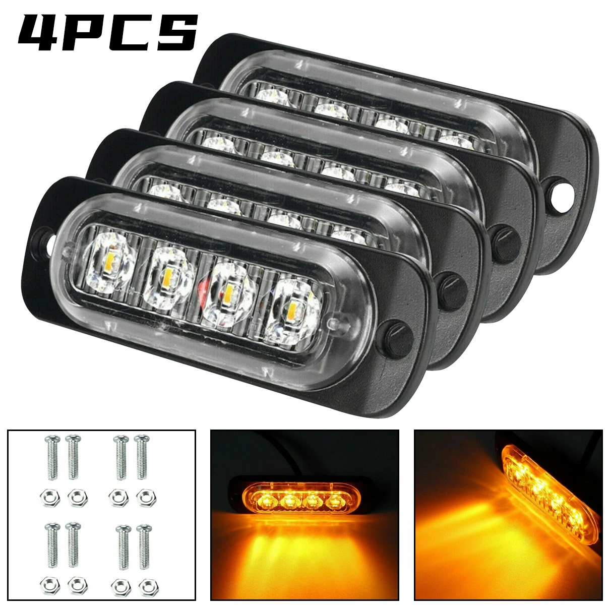

4PCS Amber Led Strobe Warning Light 4 LED Light Bar Car Truck Hazard Beacon Warning Light Grille Flashing Lightbar Car Led Light