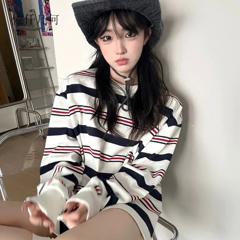 2025 estilo preppy listrado camiseta feminina outono e inverno nova manga comprida solta casal topos mulher