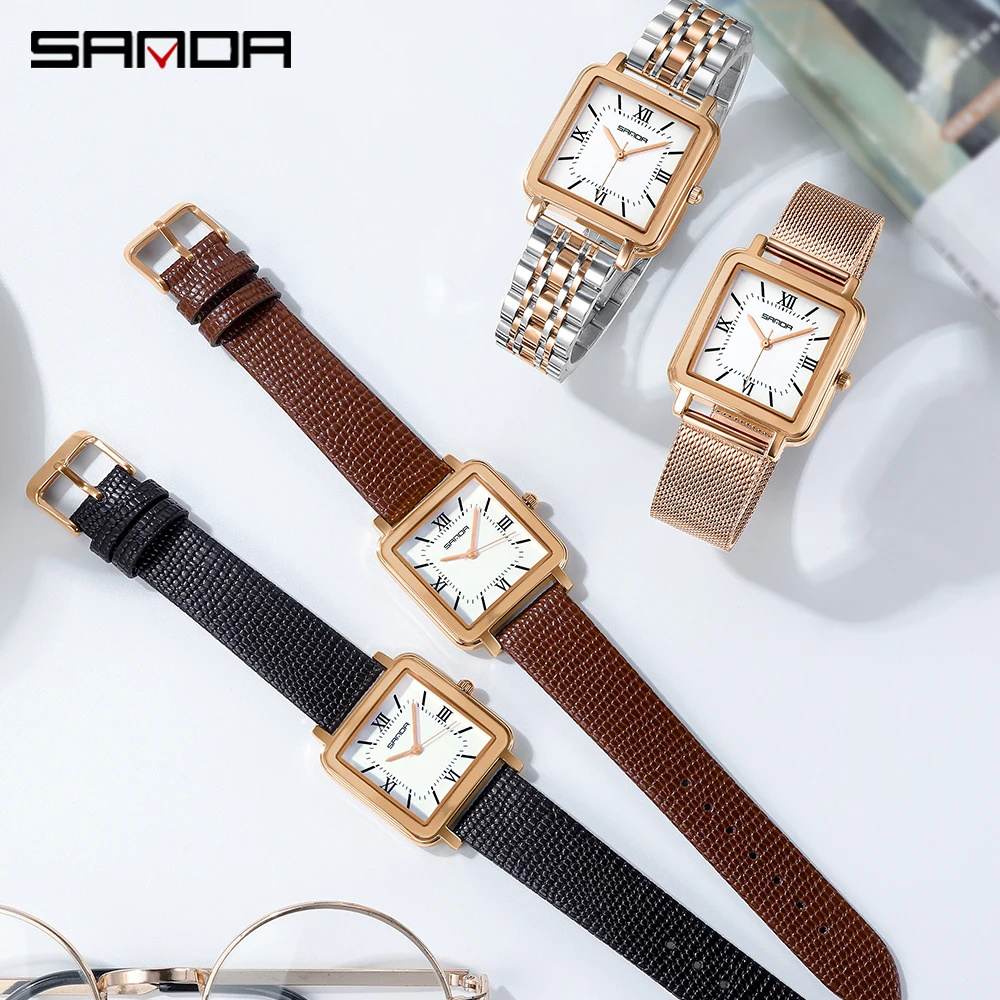 SANDA Ladies Quartz Watch Fashion Leather Women Square Watch Simple Rose Gold Wristwatch Lover\'s Gift With Box Relogio Feminino