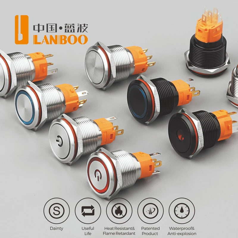 LANBOO 19mm flat symbol Led Lighted Momentary or Latching Metal push button switch with IP65