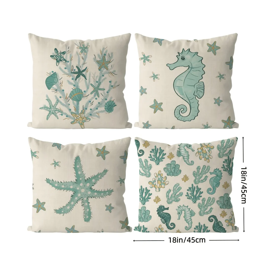 4PC Nautical Ocean Life Throw Pillow Covers Set Coastal Sea Star Mermaid Coral Beach Decor Cushion Case