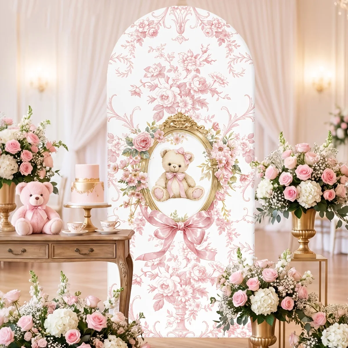 Pink Floral Teddy Bear Arch Backdrop Cover Cute Bow Girl Birthday Party Banner Background Baby Shower Gender Reveal Supplies