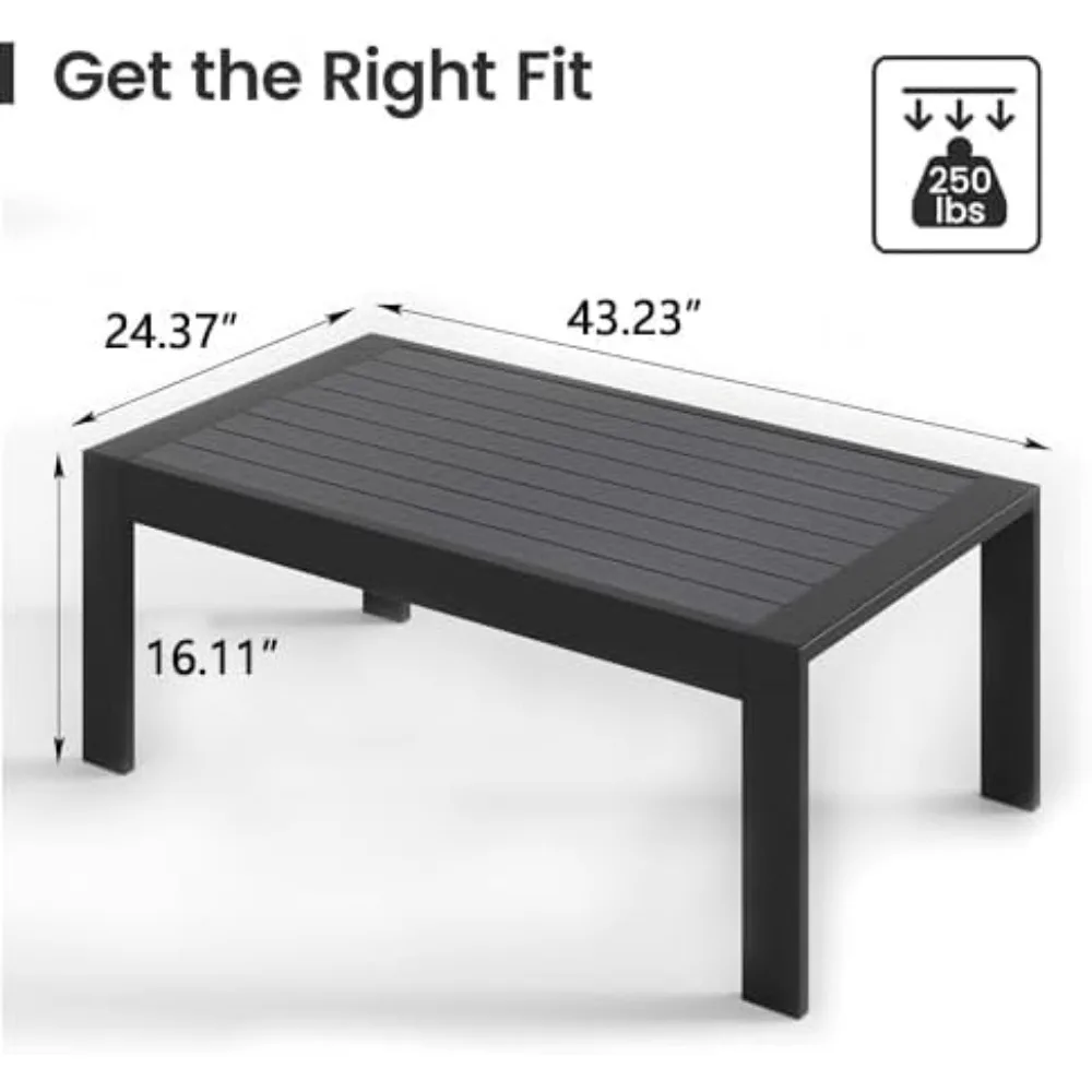 All-Weather Aluminum Outdoor Coffee Table, Modern Coffee Table for Outside, Rectangle Patio Coffee Table for Balcony Garden, Bla