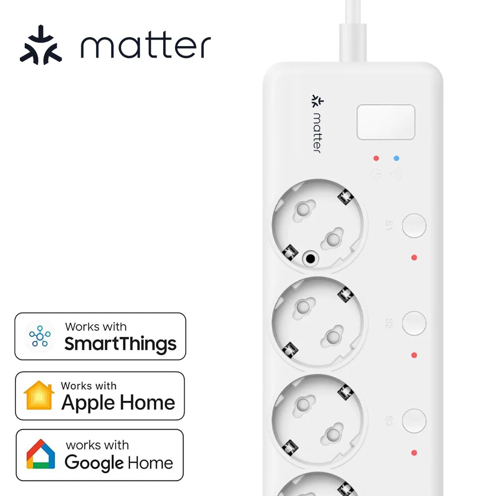 BORUIDAPLS Matter Smart Plug EU 16A Power Strip Works With SmartThings Apple Home Siri Google Home Voice Remote Control Timing