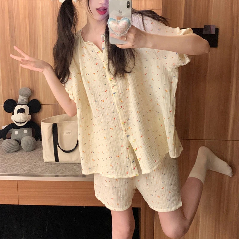 Polka Dot Sleepwear Women Pajama Sets Summer Pijama Shorts Sets 2 Pieces Korean Night Wears Pyjamas Button Home Suit 2024 New