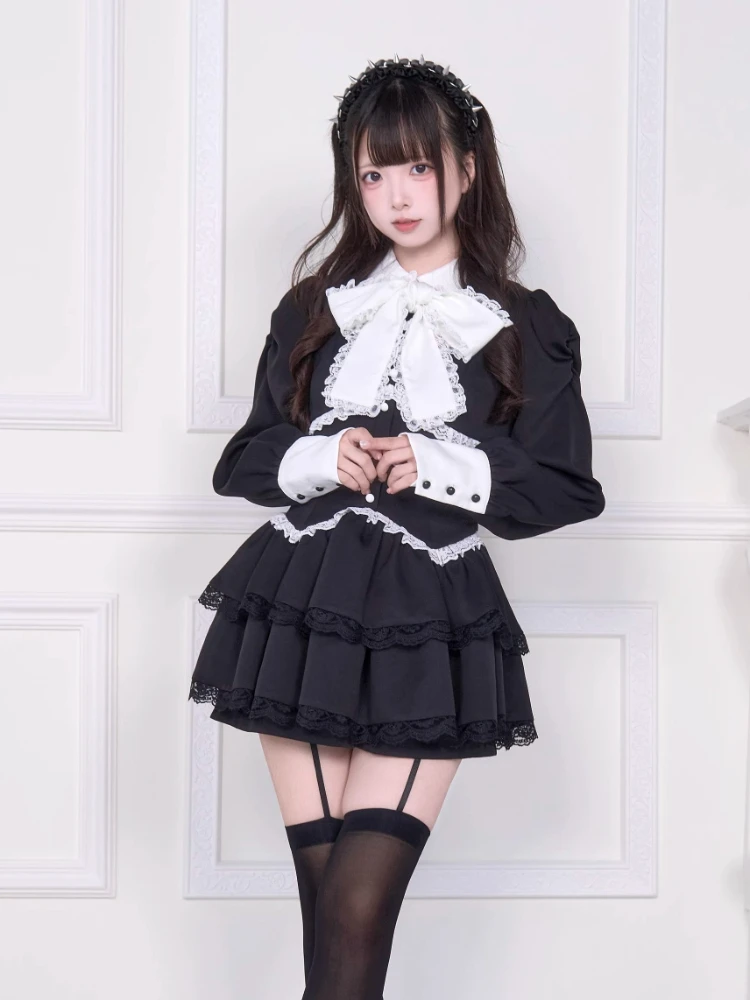 Japanese Style Mass-Produced Subculture Lace-Up Bow Long Sleeve Mini Dress High-Waisted Shorts Two-Piece Set for Women Autumn
