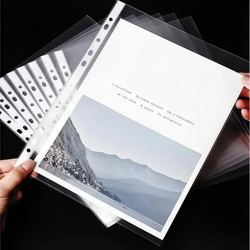 

Transparent A4 100pcs 11holes Plastic Punched File Folders for Documents Sleeves Leaf Documents Bag Protector Office Supplies