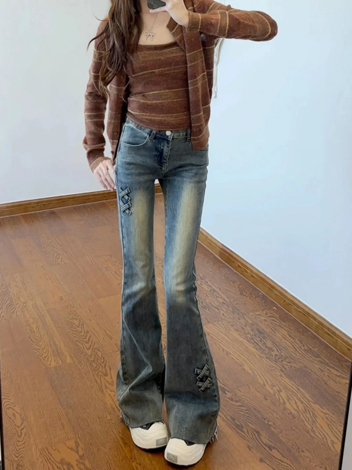 

Retro American Flared Jeans Women's High Waist Slim Fit Non-stick Dragging Floor-length Pants Cotton Denim Daily Wear