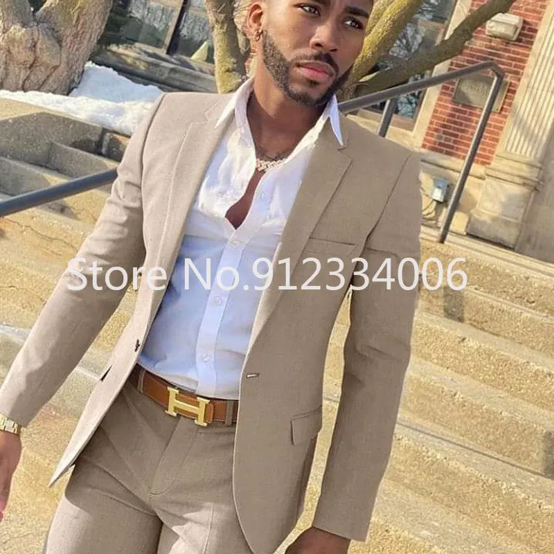 2 Pieces Beige Suit for Men Slim Fit Wedding Groom Tuxedo Groomsmen Suits Male Fashion Smoking Costume Homme Blazer with Pants - Image 3
