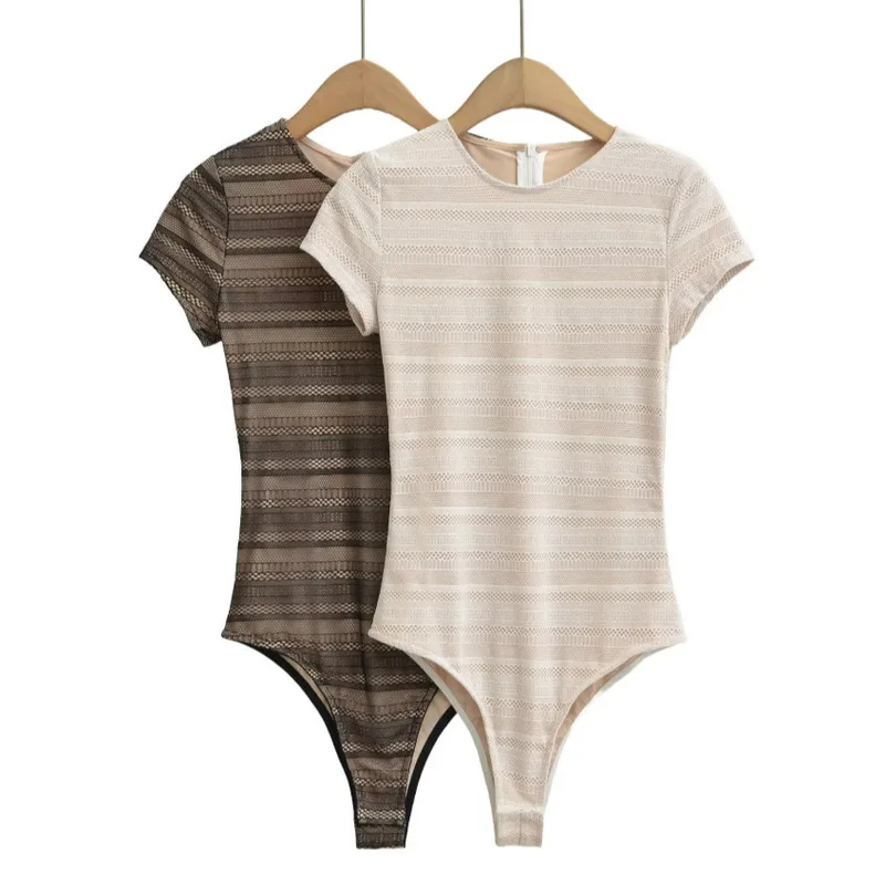Women Summer 2026 Double Layer Round Neck Short Sleeve Bodysuit Stripped Y2K Clubwear Tummy Control Cami Top