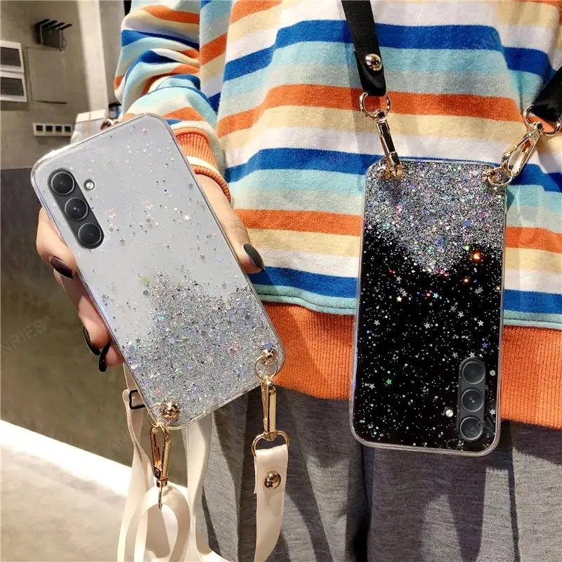 Crossbody Lanyard Glitter Clear Case For Samsung Galaxy A54 A34 A24 A14 4G 5G A04S A15 A05S M54 M34 M14 Cord Silicone Back Cover