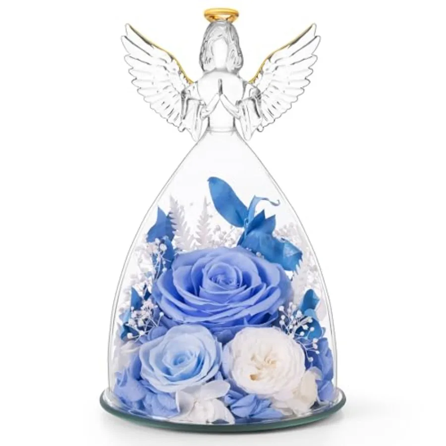Mothers Day Roses Gifts for Mom, Forever Preserved Real Flowers Roses in Glass Angel Figurines, Mothers Day Flowers Gifts for W