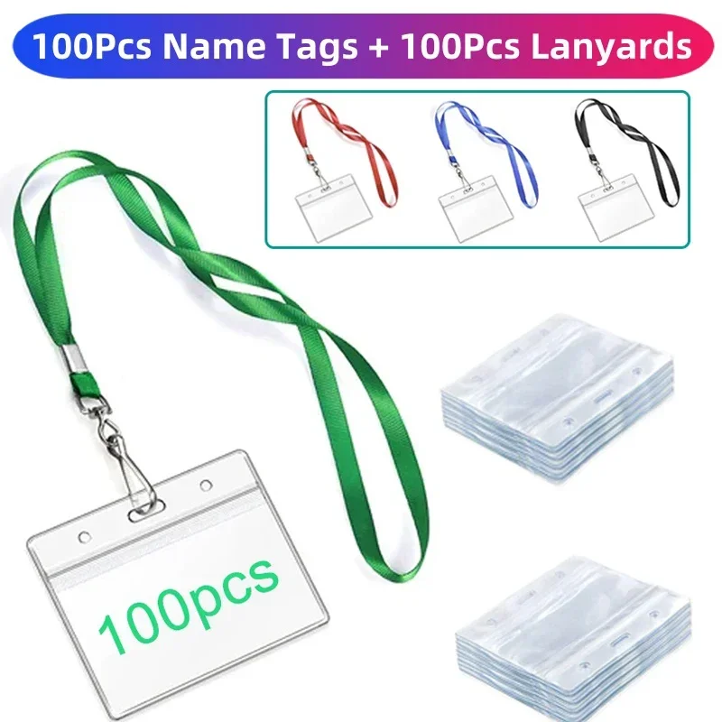 100SETS Lanyards with Clear Plastic Horizontal Name Badge Student ID Card Holders Waterproof Polyester Lanyard Phone Keychain