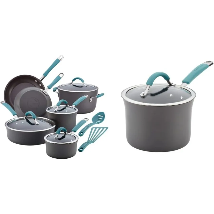 

Cucina Hard Anodized Nonstick Cookware Pots and Pans Set 12 Piece Gray with Blue Handles and Cucina Hard Anodized Nonstick Sauc