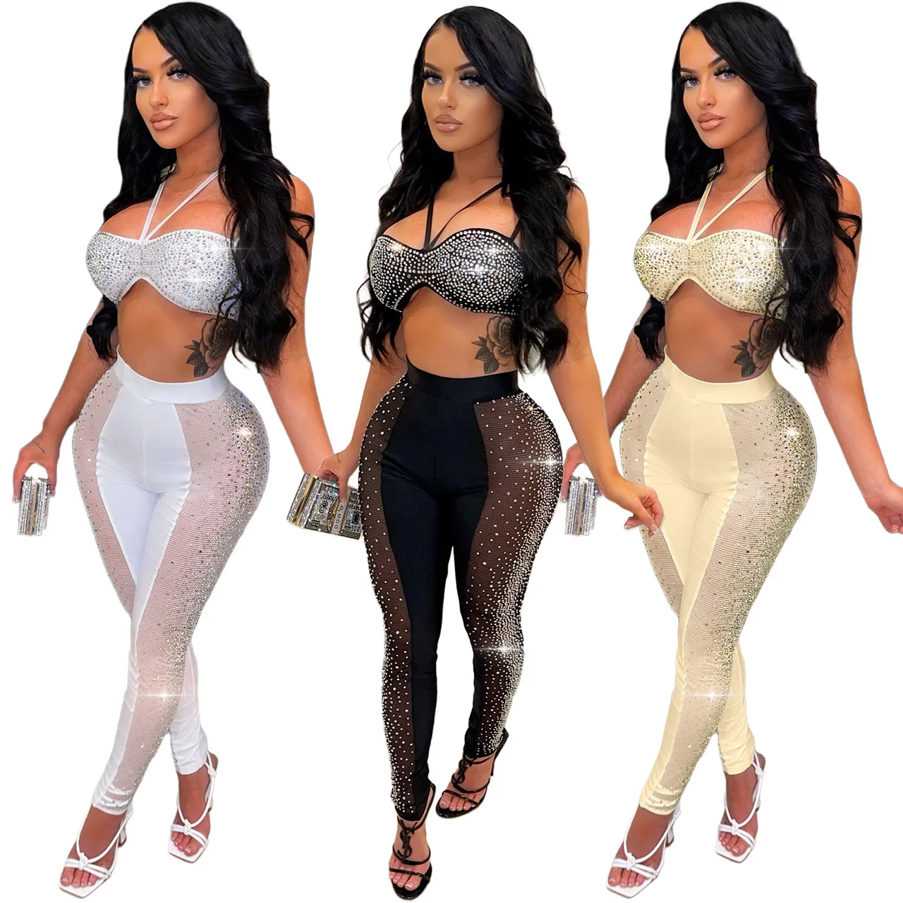 Fashion Women Jumpsuit Black White Khaki Hot Drill Perspective Sexy Two Piece Set Women\'s Pants Elastic Evening Club Playsuit