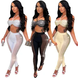 Fashion Women Jumpsuit Black White Khaki Hot Drill Perspective Sexy Two Piece Set Women's Pants Elastic Evening Club Playsuit