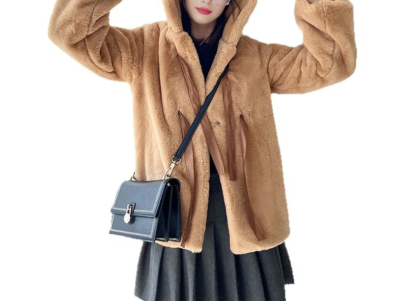Artificial Fur Hooded Teddy Bear Ear Fur Faux Fur Rabbit Plush Coat Women's Top