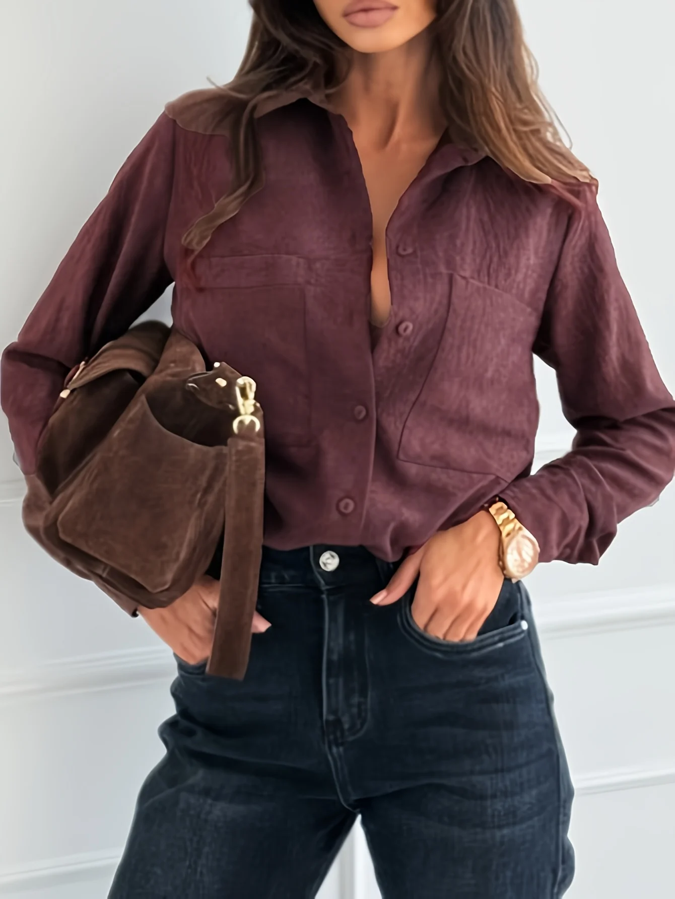 

2026 Spring New Women's Burgundy Textured Long Sleeve Shirt with Turn-Down Collar and Double Pockets, Loose Fit, Versatile for Work and Casual Wear