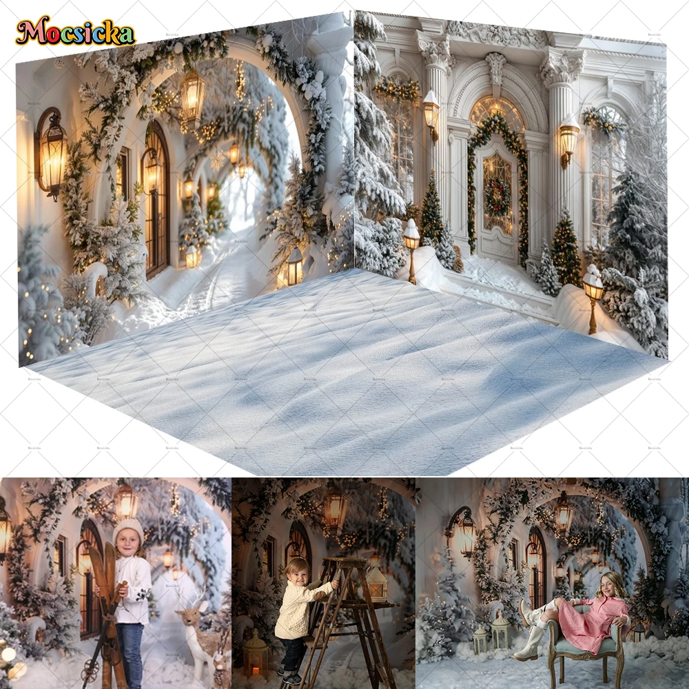 Winter Christmas Background Photography Vintage White Floral Archway Hallway Backdrop Winter Snow Decor Kids Family Photo Studio