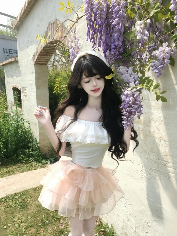 

Sweet Girl Feel White Blouse with Lace Skirt Two-Piece Set Women's Fashion Summer Outfit Cherry Blossom One-Shoulder Design