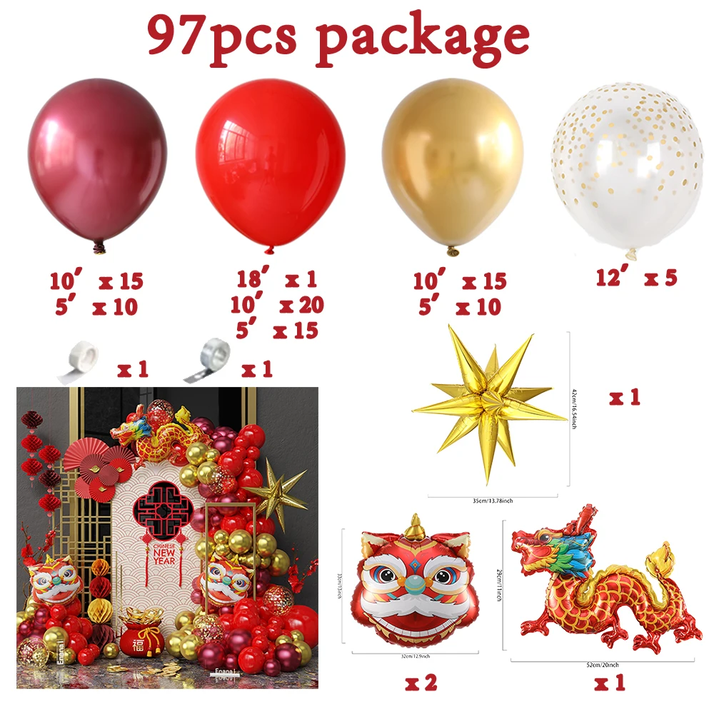 97pcs Chinese New Year Dragon Balloon Arch Garland Kit Lion Dance Foil Balloons Decorations For Home New Year 2025 Birthday Baby