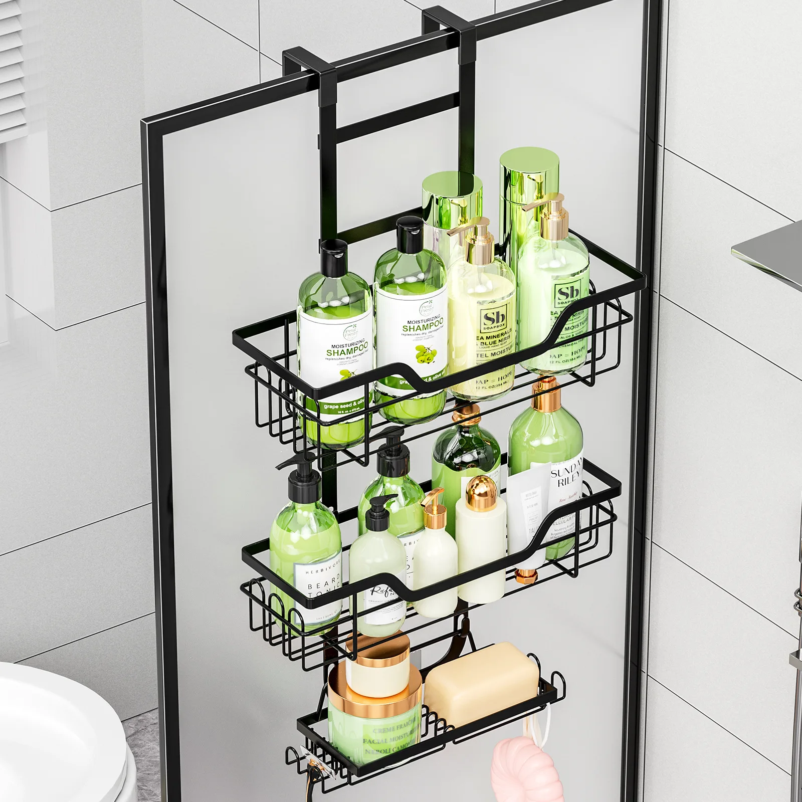 Drill-Free Bathroom Shelf Over Door Hanging Organizer Wall-Mounted Basket Rack Multi-Layer Shower Room Storage Shelf for Toilet