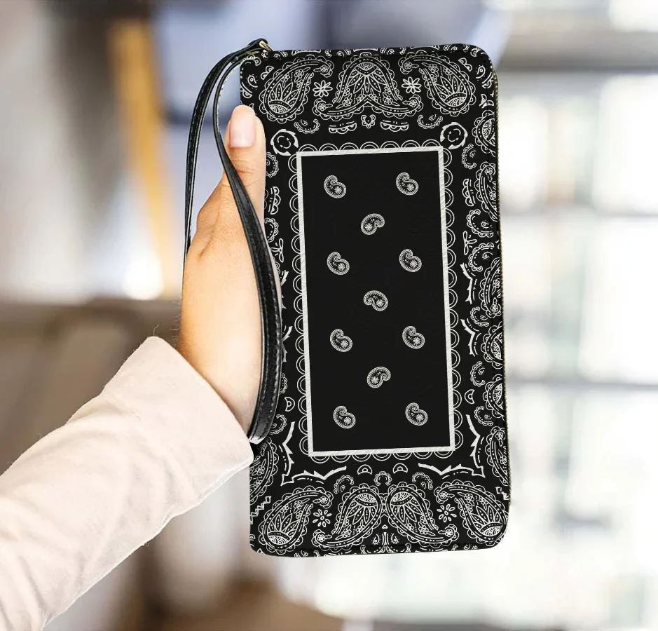 

Черный кожаный кошелек-клатч с узором пейсли для женщин, винтажный, на молнии, для монет и банковских карт, новый, модный, для поездок на работу, на заказ