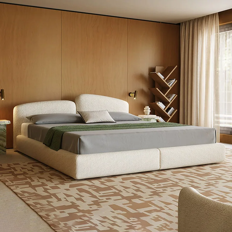 Modern Italian large flat-layer cotton and linen fabric bed Middle ancient minimalist villa master bedroom double wedding bed