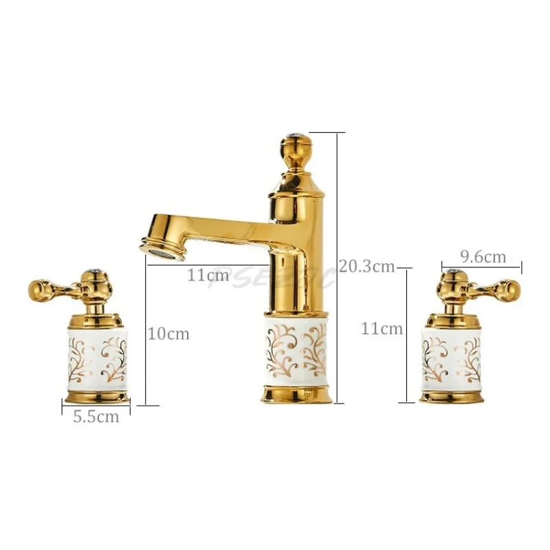 Retro Luxury Gold Three Hole Basin Faucet Bathroom Split Type Double Handle Hot and Cold Splash Proof Faucet
