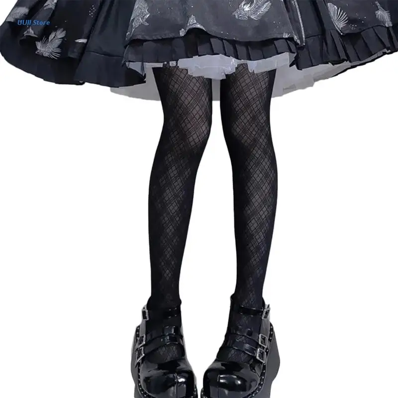 Women Lolita Black Silky Pantyhose Argyle Diamond Plaid Pattern Tights Stockings