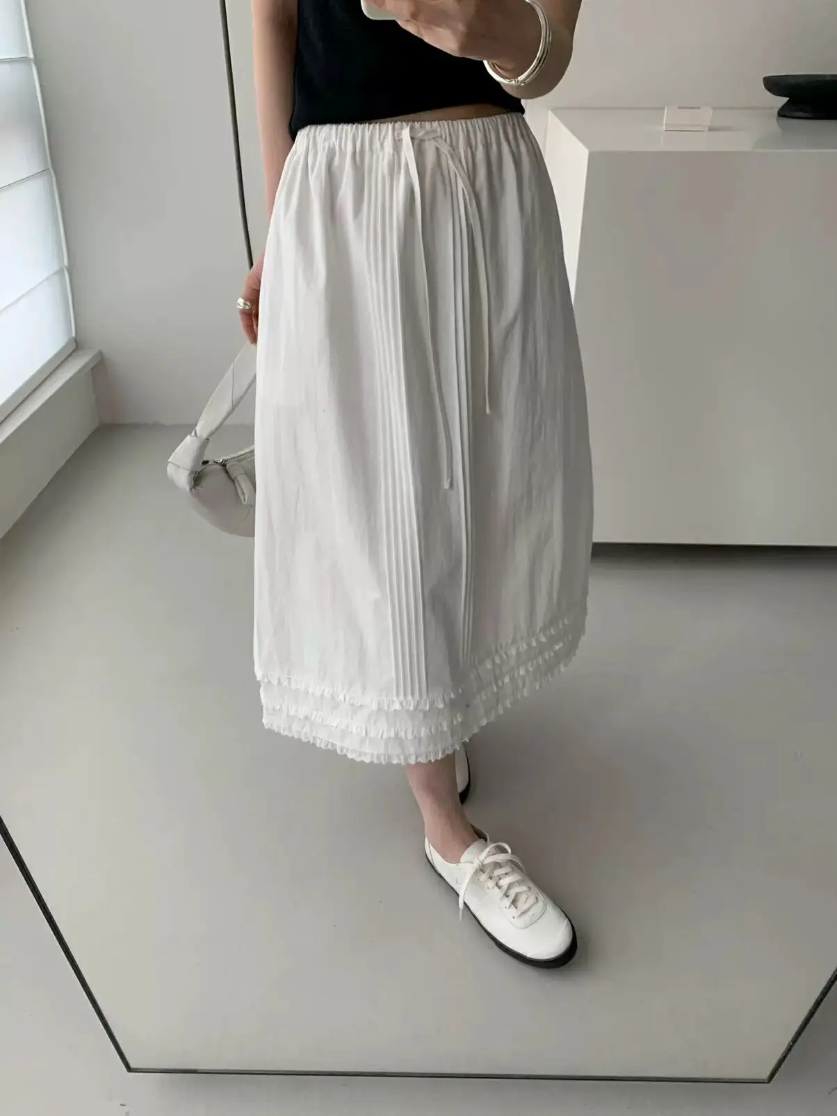 

plus Size 300 Pou Women's Lace Trim Midi Skirt Summer New Loose Slimming f-length Skirts Korean Sle High Waist Cotton