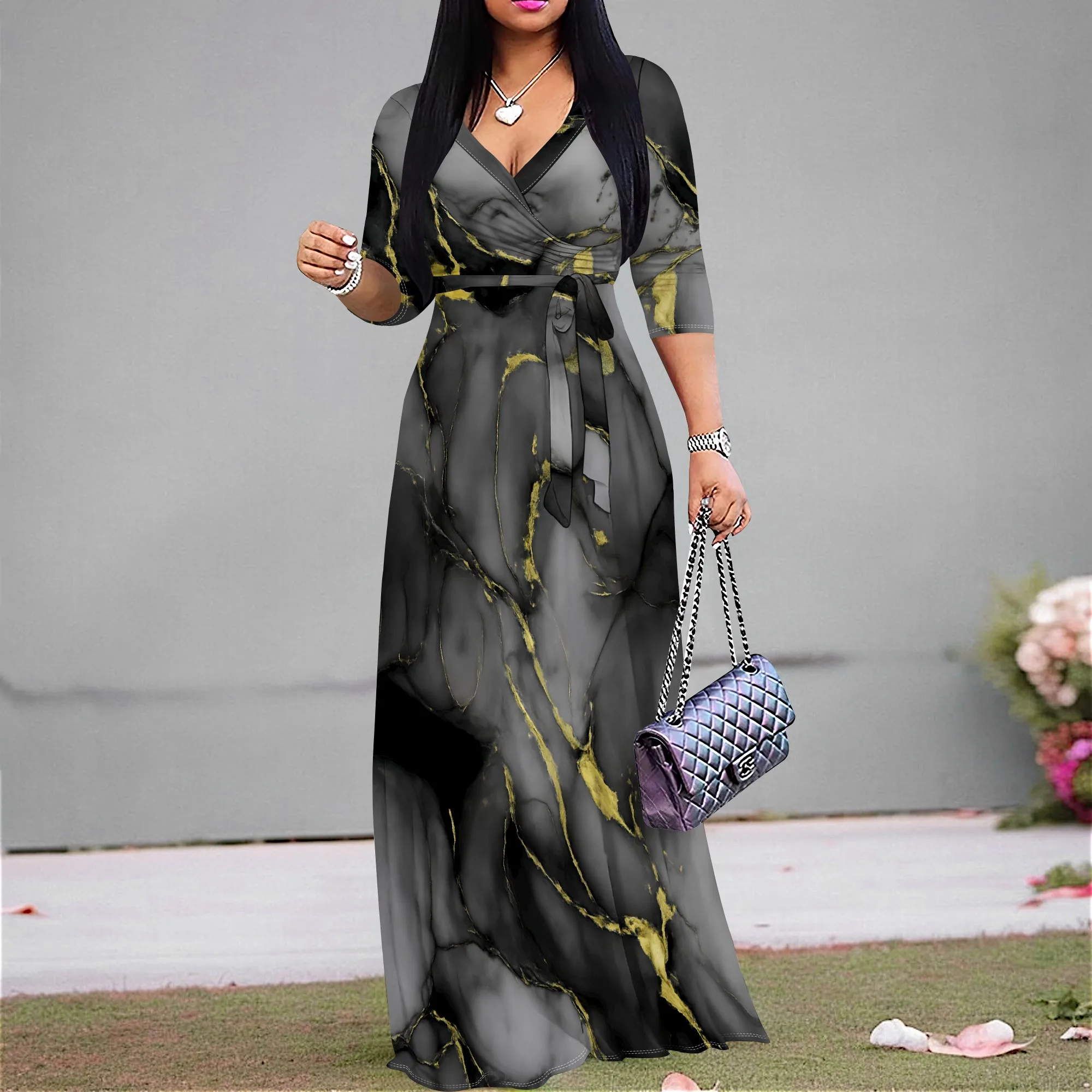 

Black Marble Print Wrap Dress S-3XL V-Neck 3/4 Sleeve Belted Maxi Style for Evening Party, Art Event or Elegant Dinner Look