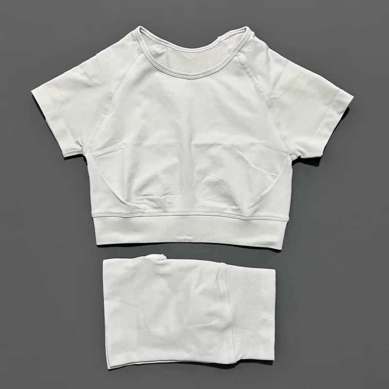 2 قطعة النساء تجريب مجموعات ضئيلة قصيرة الأكمام أعلى عالية الخصر طماق تشغيل تجريب الرياضة مجموعة الإناث اليوغا الرياضية