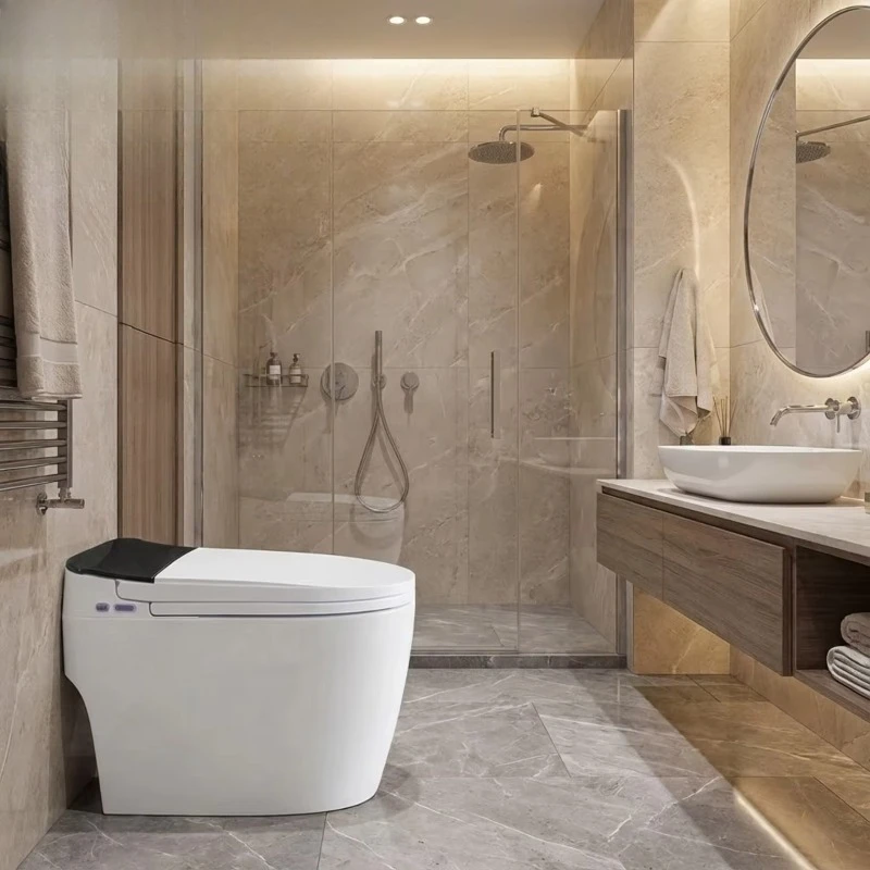 Modern two-color white tankless smart toilet flushes automatically, suitable for luxury hotels