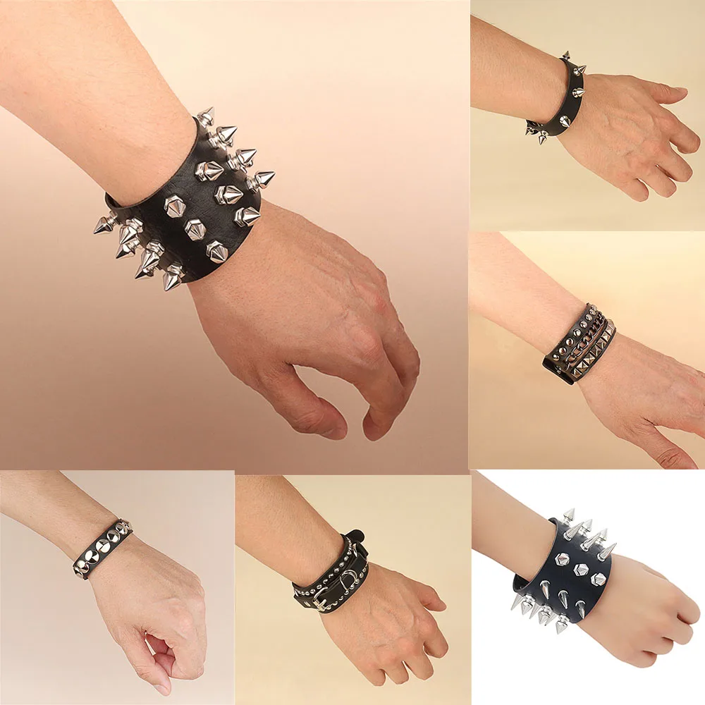 90s Fashion Punk Round Bracelet Personality PU Leather Three Rows Spikes Square Stud Bracelets Bangle For Women Man