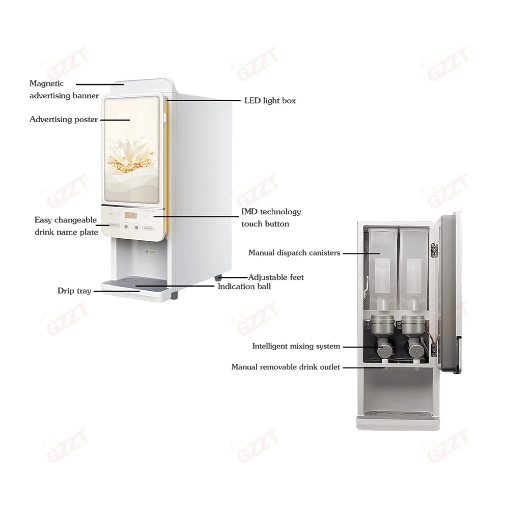 GZZT Commercial Instant Beverage Machine Vending Machine Coffee Maker 2 Buckets Soy Milk/Coffee/Milk Tea/Hot Chocolate 220-240V