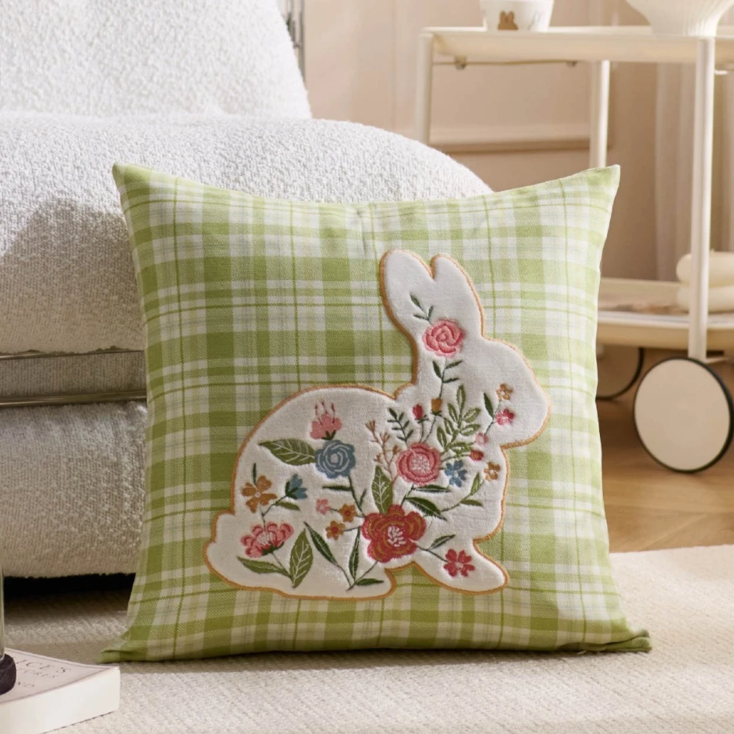 Decorative Embroidered Pillow Cover Cozy Floral Rabbit White Pink Green Adorable 18x18inch Cushion Cover Living Room Bedroom
