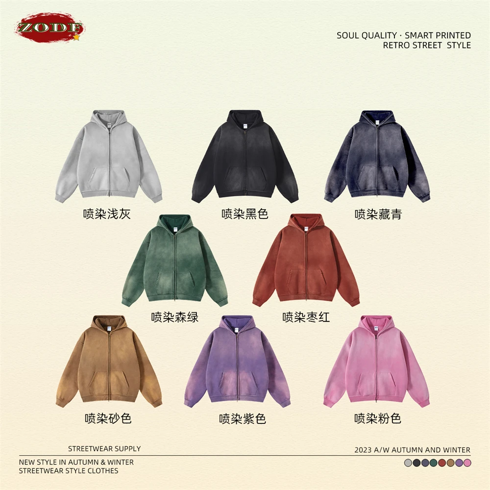 ZODF Retro Winter Men Spray-Dyed Zipper Hoodies Unisex Loose 360gsm Zipper Fleece Hooded Sweatshirt Pullovers Coats HY0719