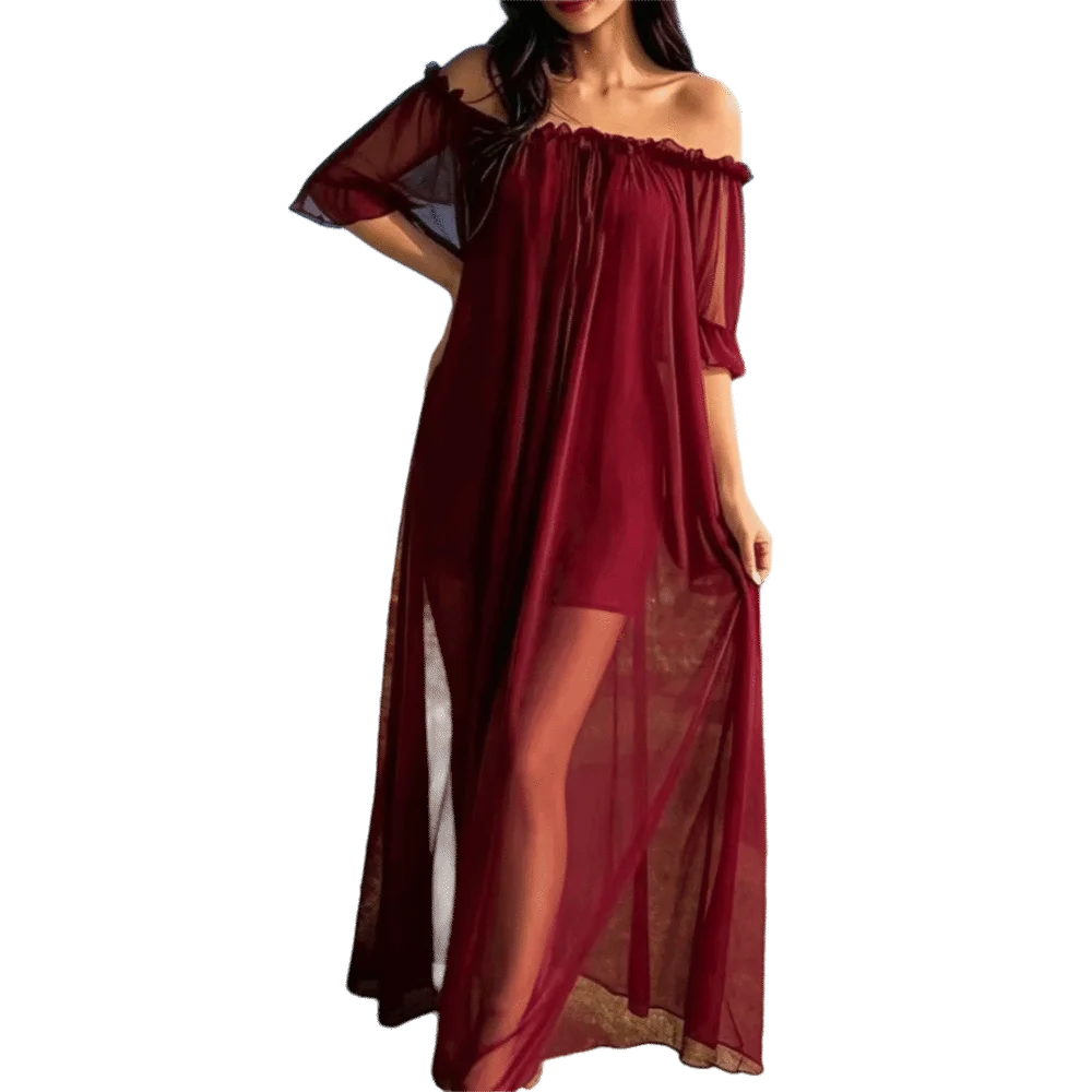 

Comfortable Off Shoulder Sheer Nightgown V-neck Short Sleeve Mesh Nightdress Ruffle Transparent Ladies' Nightwear Vacation