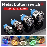 12 16 19 22MM Metal Button Switch LED Light Waterproof Momentary Self-Locking Car Engine Power Supply 3V5V6V12V24V 220V Red Blue
